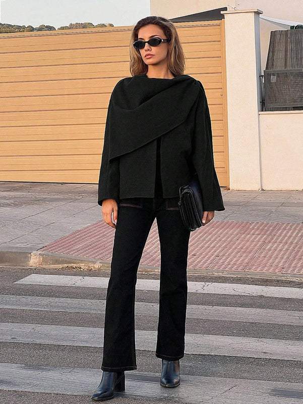 Essnce chaqueta de lana negra holgada y versatil para uso casual y de aeropuerto, diseno de bufanda de una pieza, chaqueta de cardigan corta de lana calida para el invierno, tendencia de moda otono 2024