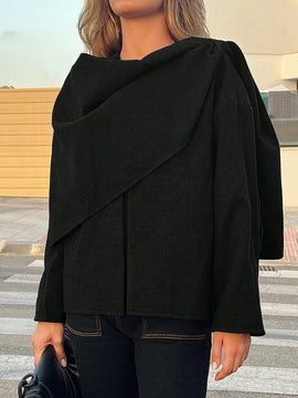 Essnce chaqueta de lana negra holgada y versatil para uso casual y de aeropuerto, diseno de bufanda de una pieza, chaqueta de cardigan corta de lana calida para el invierno, tendencia de moda otono 2024