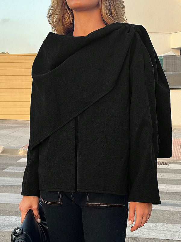 Essnce chaqueta de lana negra holgada y versatil para uso casual y de aeropuerto, diseno de bufanda de una pieza, chaqueta de cardigan corta de lana calida para el invierno, tendencia de moda otono 2024