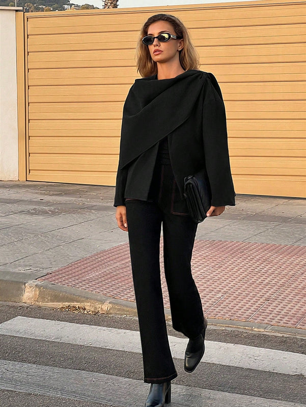 Essnce chaqueta de lana negra holgada y versatil para uso casual y de aeropuerto, diseno de bufanda de una pieza, chaqueta de cardigan corta de lana calida para el invierno, tendencia de moda otono 2024