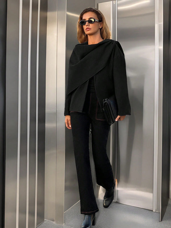 Essnce chaqueta de lana negra holgada y versatil para uso casual y de aeropuerto, diseno de bufanda de una pieza, chaqueta de cardigan corta de lana calida para el invierno, tendencia de moda otono 2024