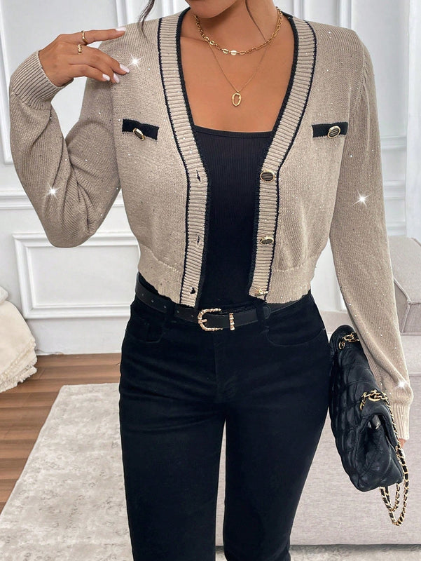 Clasi cardigan corto informal con ribete en bloques de color, otono