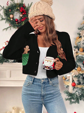 Essnce cardigan de manga larga con grafico de hombre de jengibre minimalista y casual para mujer, navidad