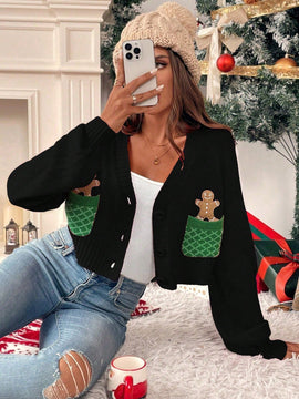 Essnce cardigan de manga larga con grafico de hombre de jengibre minimalista y casual para mujer, navidad