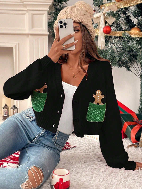 Essnce cardigan de manga larga con grafico de hombre de jengibre minimalista y casual para mujer, navidad