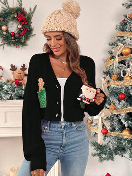 Essnce cardigan de manga larga con grafico de hombre de jengibre minimalista y casual para mujer, navidad