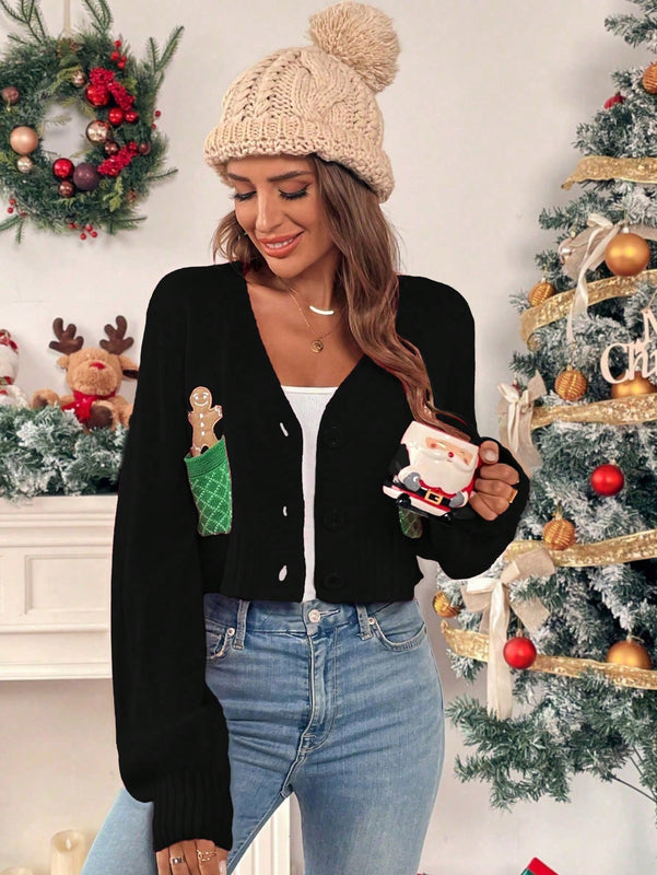 Essnce cardigan de manga larga con grafico de hombre de jengibre minimalista y casual para mujer, navidad