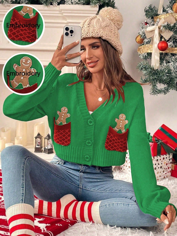 Essnce cardigan de manga larga con grafico de hombre de jengibre minimalista y casual para mujer, navidad