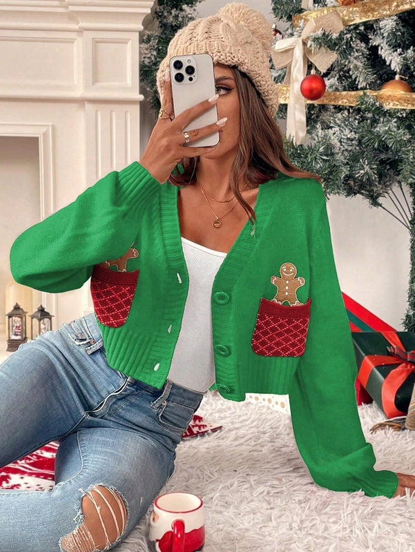 Essnce cardigan de manga larga con grafico de hombre de jengibre minimalista y casual para mujer, navidad