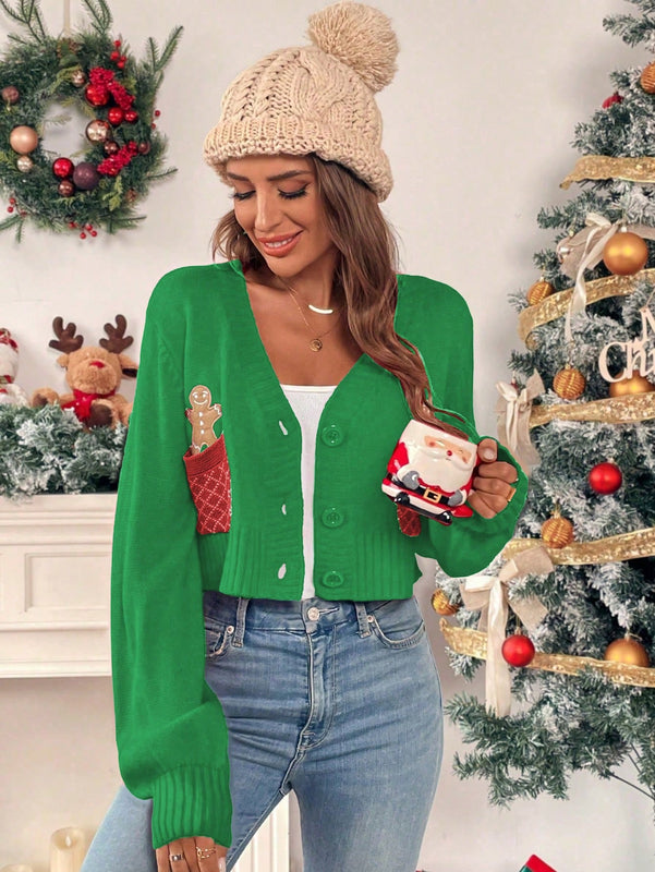 Essnce cardigan de manga larga con grafico de hombre de jengibre minimalista y casual para mujer, navidad
