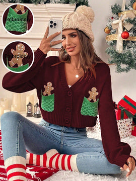 Essnce cardigan de manga larga con grafico de hombre de jengibre minimalista y casual para mujer, navidad