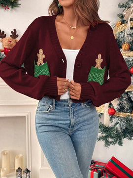 Essnce cardigan de manga larga con grafico de hombre de jengibre minimalista y casual para mujer, navidad