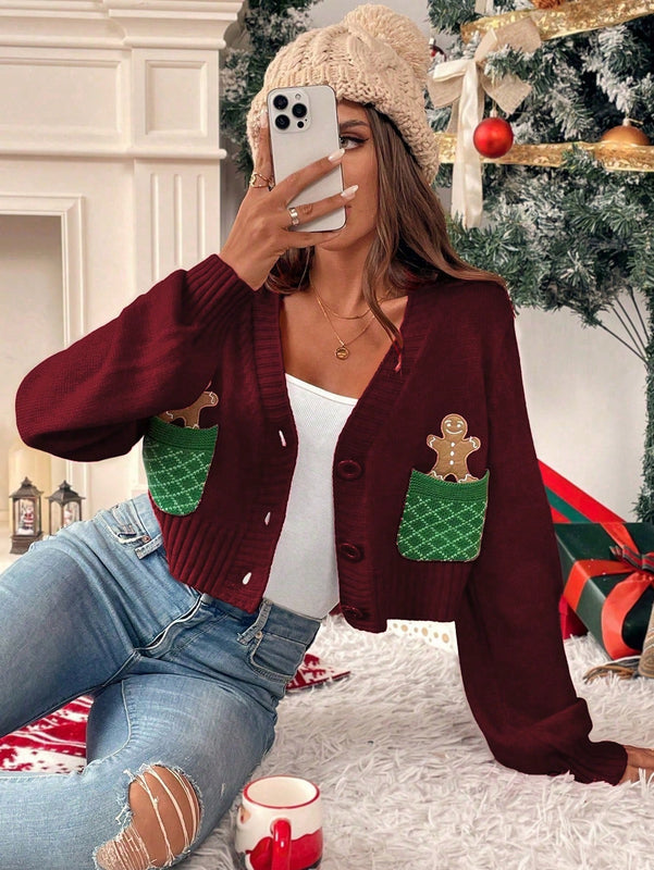 Essnce cardigan de manga larga con grafico de hombre de jengibre minimalista y casual para mujer, navidad
