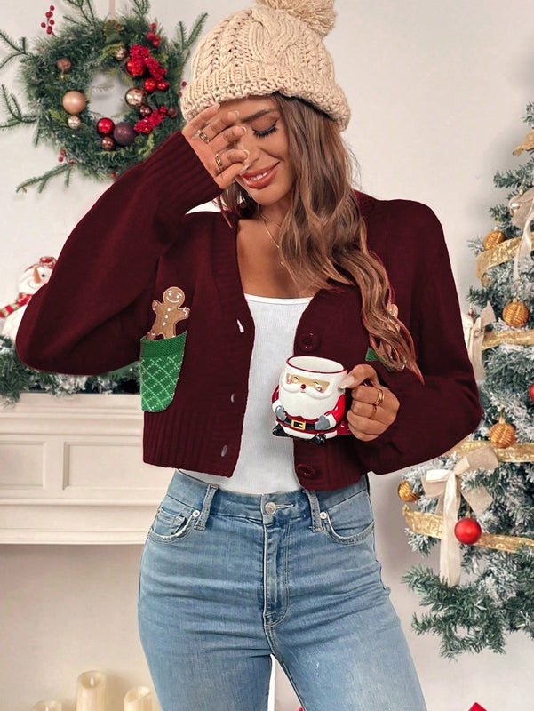 Essnce cardigan de manga larga con grafico de hombre de jengibre minimalista y casual para mujer, navidad