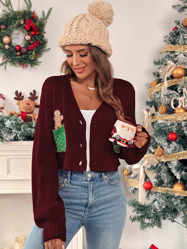 Essnce cardigan de manga larga con grafico de hombre de jengibre minimalista y casual para mujer, navidad