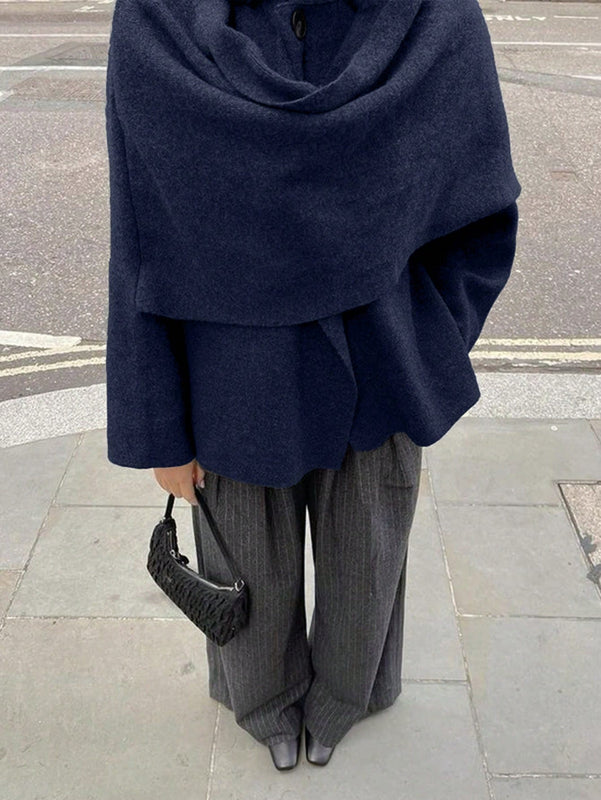Essnce chaqueta de lana negra holgada y versatil para uso casual y de aeropuerto, diseno de bufanda de una pieza, chaqueta de cardigan corta de lana calida para el invierno, tendencia de moda otono 2024
