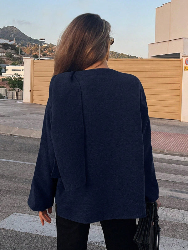 Essnce chaqueta de lana negra holgada y versatil para uso casual y de aeropuerto, diseno de bufanda de una pieza, chaqueta de cardigan corta de lana calida para el invierno, tendencia de moda otono 2024