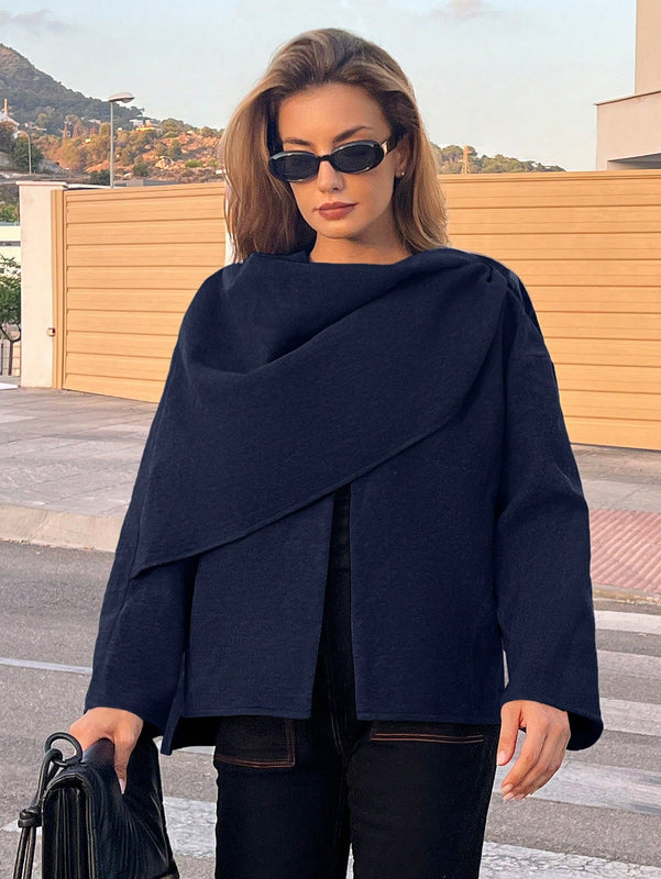 Essnce chaqueta de lana negra holgada y versatil para uso casual y de aeropuerto, diseno de bufanda de una pieza, chaqueta de cardigan corta de lana calida para el invierno, tendencia de moda otono 2024