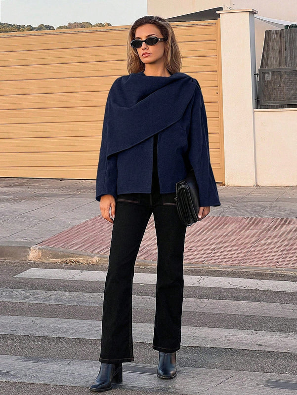 Essnce chaqueta de lana negra holgada y versatil para uso casual y de aeropuerto, diseno de bufanda de una pieza, chaqueta de cardigan corta de lana calida para el invierno, tendencia de moda otono 2024