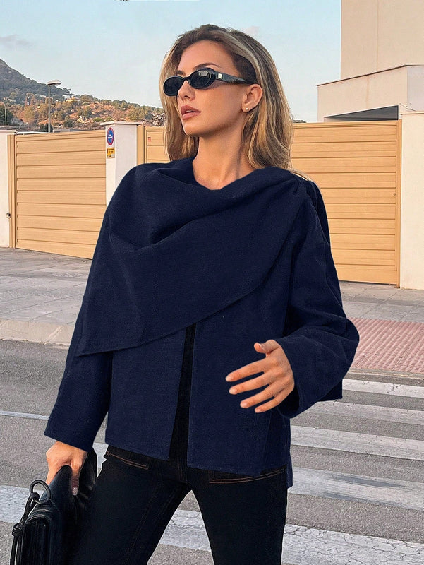 Essnce chaqueta de lana negra holgada y versatil para uso casual y de aeropuerto, diseno de bufanda de una pieza, chaqueta de cardigan corta de lana calida para el invierno, tendencia de moda otono 2024