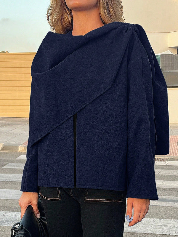 Essnce chaqueta de lana negra holgada y versatil para uso casual y de aeropuerto, diseno de bufanda de una pieza, chaqueta de cardigan corta de lana calida para el invierno, tendencia de moda otono 2024