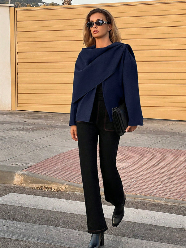 Essnce chaqueta de lana negra holgada y versatil para uso casual y de aeropuerto, diseno de bufanda de una pieza, chaqueta de cardigan corta de lana calida para el invierno, tendencia de moda otono 2024