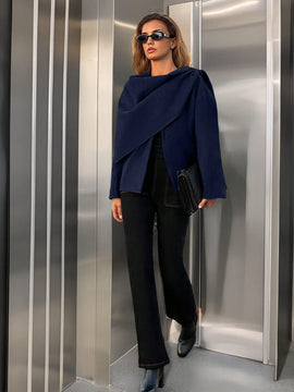 Essnce chaqueta de lana negra holgada y versatil para uso casual y de aeropuerto, diseno de bufanda de una pieza, chaqueta de cardigan corta de lana calida para el invierno, tendencia de moda otono 2024