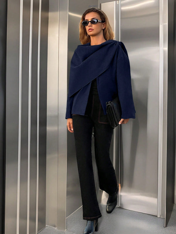 Essnce chaqueta de lana negra holgada y versatil para uso casual y de aeropuerto, diseno de bufanda de una pieza, chaqueta de cardigan corta de lana calida para el invierno, tendencia de moda otono 2024