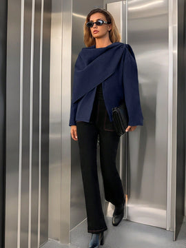 Essnce chaqueta de lana negra holgada y versatil para uso casual y de aeropuerto, diseno de bufanda de una pieza, chaqueta de cardigan corta de lana calida para el invierno, tendencia de moda otono 2024