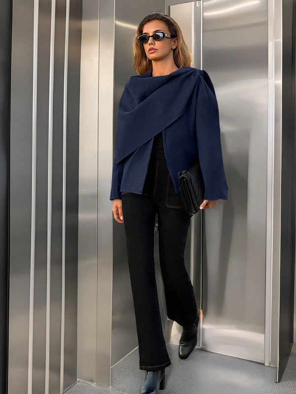 Essnce chaqueta de lana negra holgada y versatil para uso casual y de aeropuerto, diseno de bufanda de una pieza, chaqueta de cardigan corta de lana calida para el invierno, tendencia de moda otono 2024