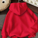 Ezwear sudadera con capucha de ajuste holgado y gruesa con estampado minimalista "feliz ano nuevo" de color rojo casual para mujer