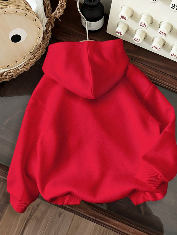 Ezwear sudadera con capucha de ajuste holgado y gruesa con estampado minimalista "feliz ano nuevo" de color rojo casual para mujer