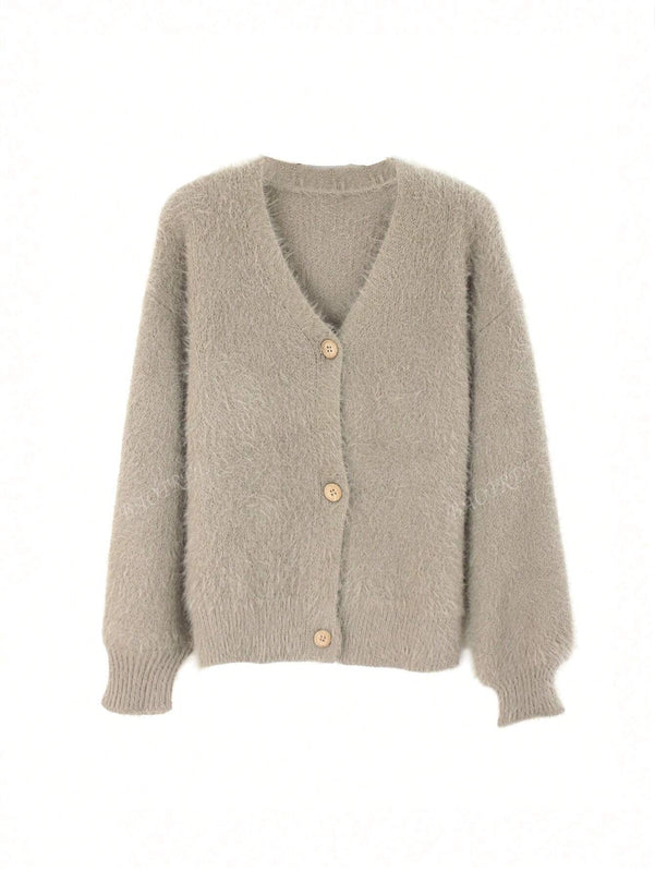Cardigan de manga larga con botones con estampado de grano de madera y cuello en v, unicolor, informal, calido y elegante, para otono/invierno