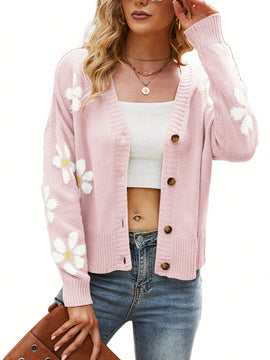 Sueter holgado de punto para mujer, cardigan de manga larga con cuello en v y estampado de flores con botones para adultos