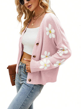 Sueter holgado de punto para mujer, cardigan de manga larga con cuello en v y patron floral con botones para adultos