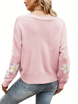 Sueter holgado de punto para mujer, cardigan de manga larga con cuello en v y patron floral con botones para adultos