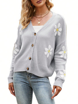 Sueter holgado de punto para mujer, cardigan de manga larga con cuello en v y estampado de flores con botones para adultos