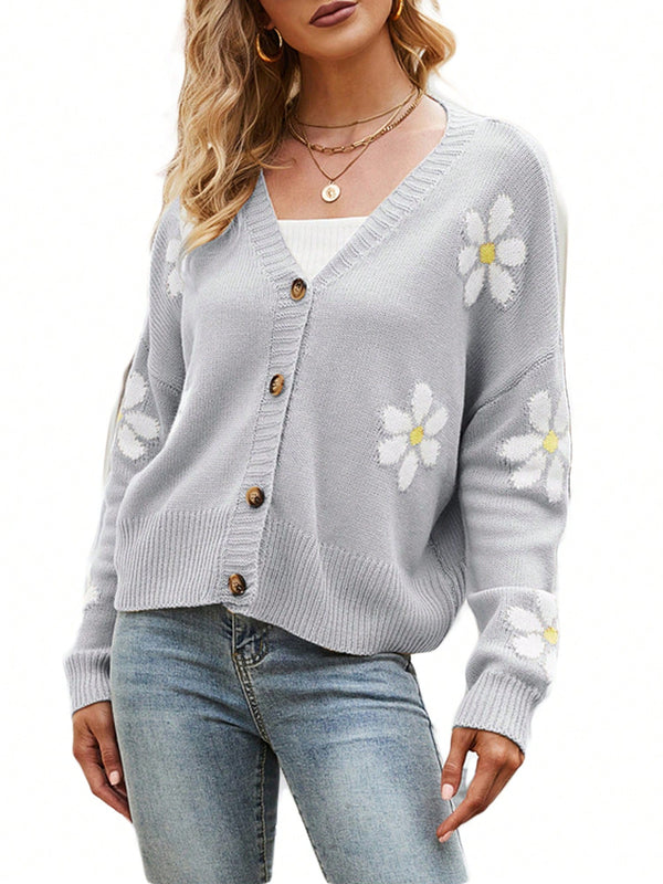 Sueter holgado de punto para mujer, cardigan de manga larga con cuello en v y patron floral con botones para adultos