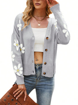 Sueter holgado de punto para mujer, cardigan de manga larga con cuello en v y estampado de flores con botones para adultos