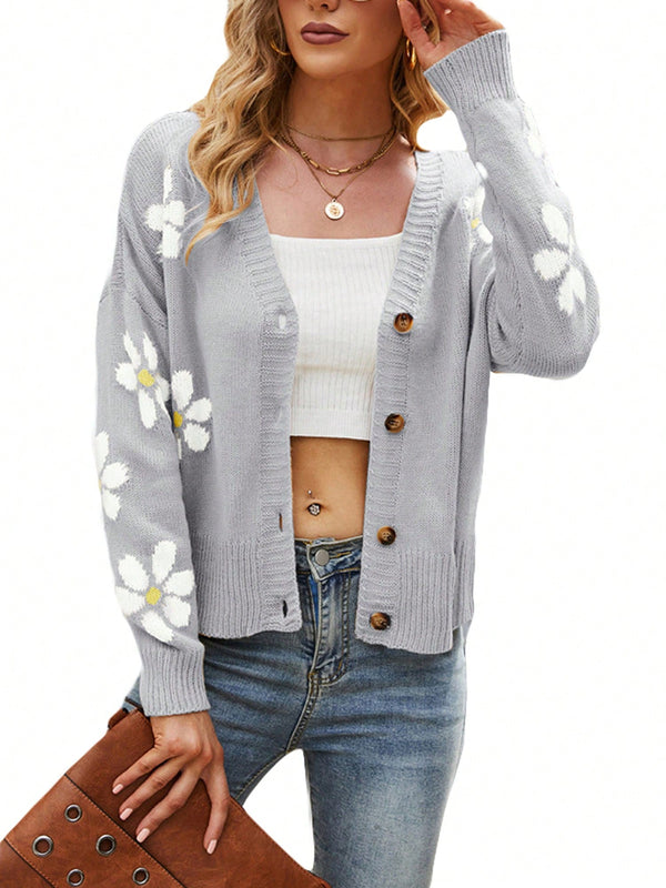 Sueter holgado de punto para mujer, cardigan de manga larga con cuello en v y patron floral con botones para adultos
