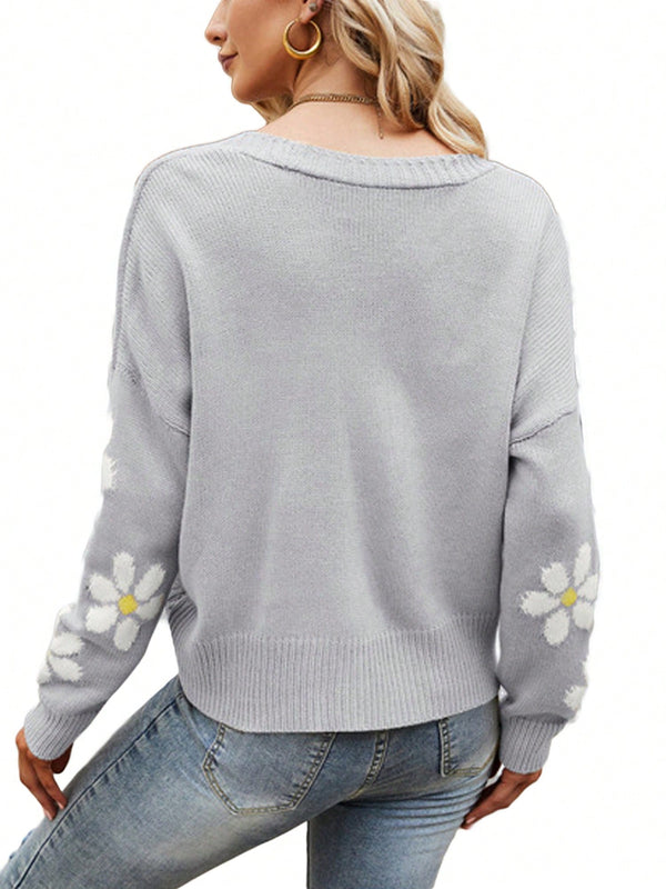 Sueter holgado de punto para mujer, cardigan de manga larga con cuello en v y patron floral con botones para adultos