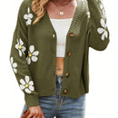 Sueter holgado de punto para mujer, cardigan de manga larga con cuello en v y patron floral con botones para adultos