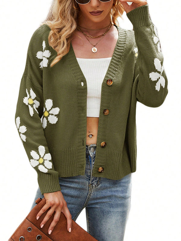 Sueter holgado de punto para mujer, cardigan de manga larga con cuello en v y patron floral con botones para adultos