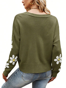 Sueter holgado de punto para mujer, cardigan de manga larga con cuello en v y patron floral con botones para adultos