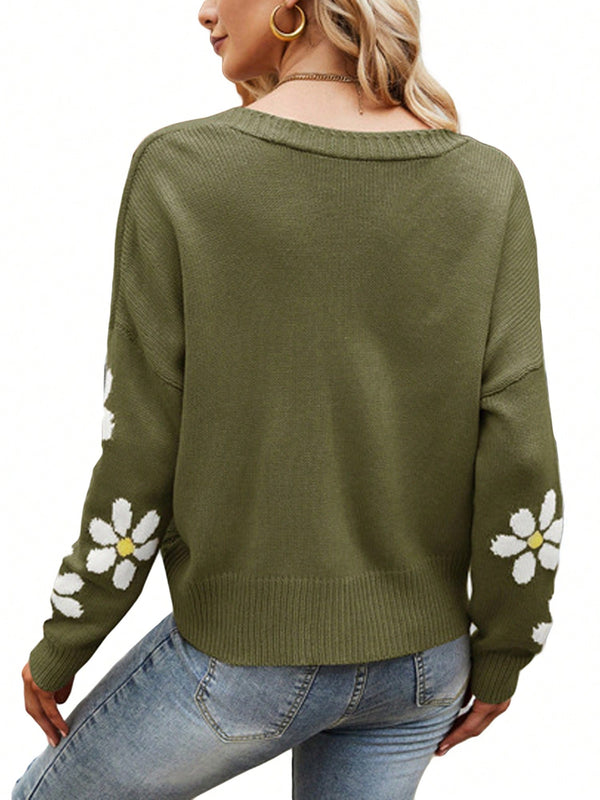 Sueter holgado de punto para mujer, cardigan de manga larga con cuello en v y patron floral con botones para adultos