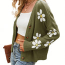 Sueter holgado de punto para mujer, cardigan de manga larga con cuello en v y patron floral con botones para adultos