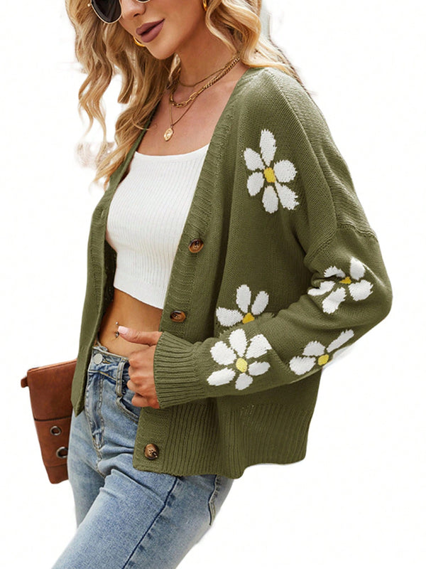 Sueter holgado de punto para mujer, cardigan de manga larga con cuello en v y patron floral con botones para adultos