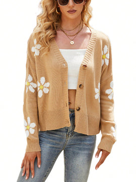 Sueter holgado de punto para mujer, cardigan de manga larga con cuello en v y patron floral con botones para adultos