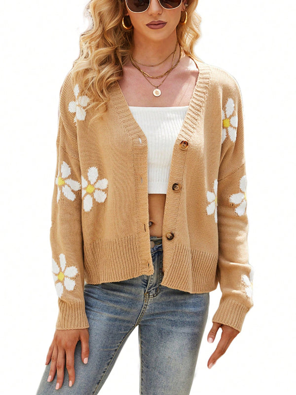 Sueter holgado de punto para mujer, cardigan de manga larga con cuello en v y patron floral con botones para adultos