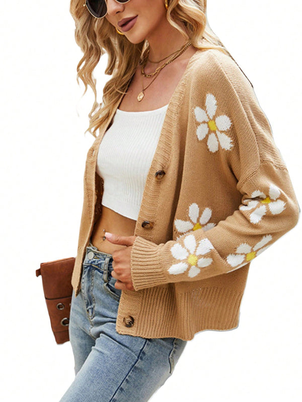 Sueter holgado de punto para mujer, cardigan de manga larga con cuello en v y estampado de flores con botones para adultos